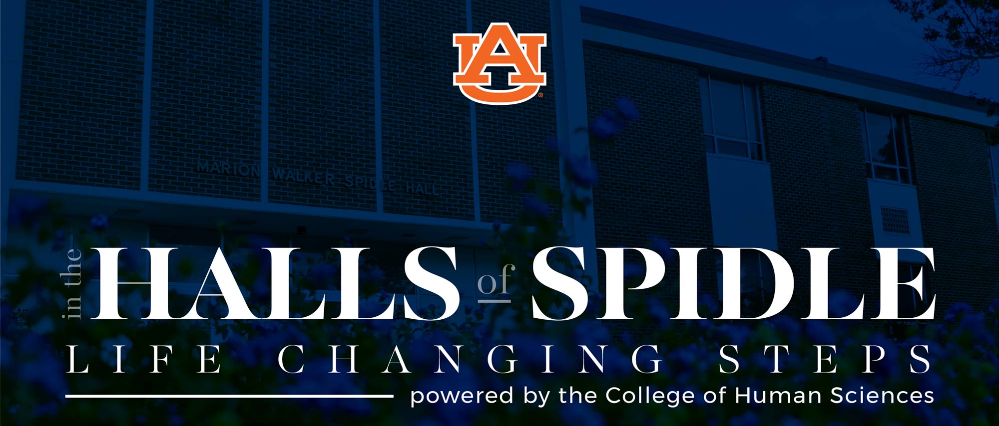 In the hall of Spidle graphic over a picture of Spidle Hall.