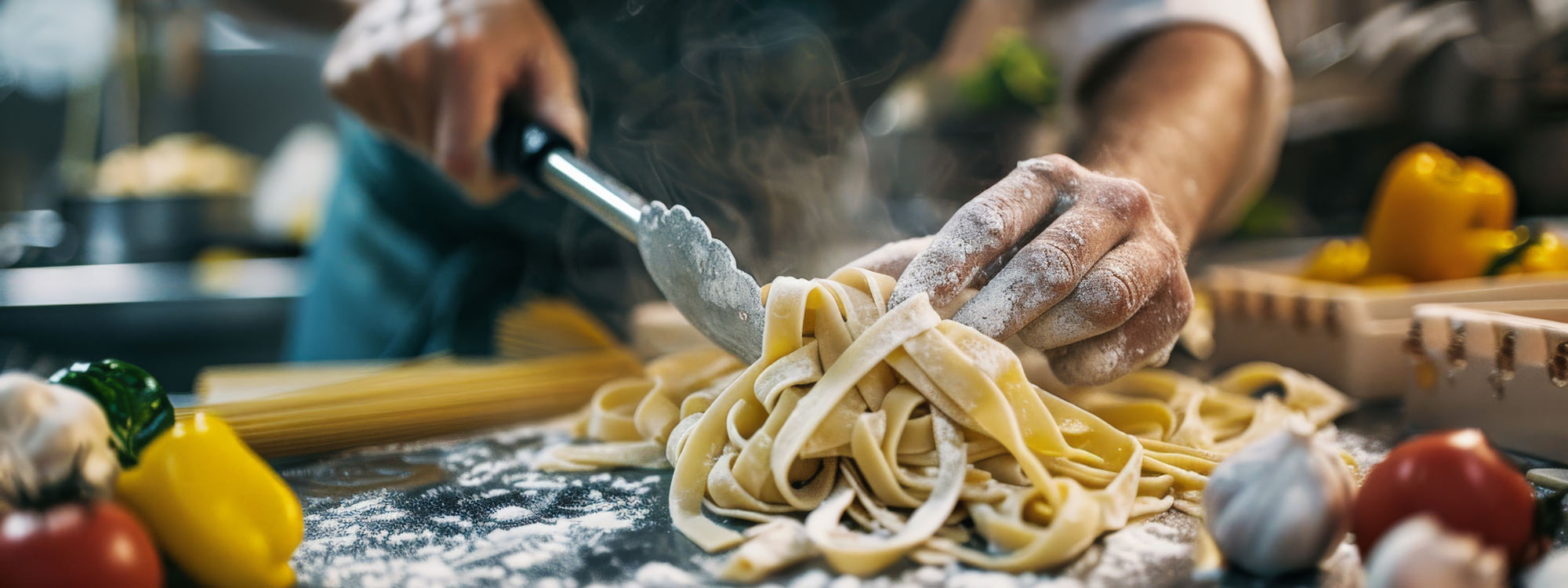 Photo of pasta making in a culinary kitchen.