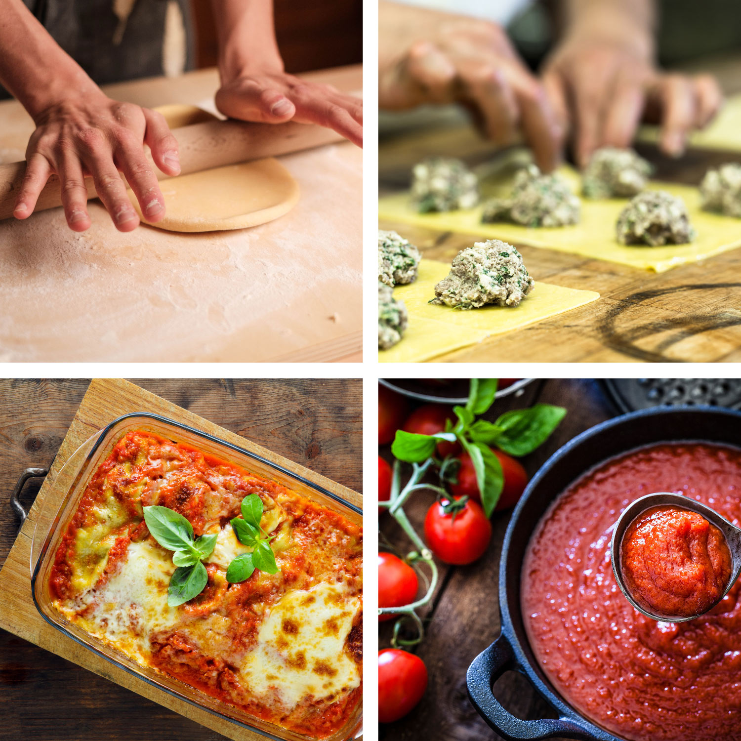 image of various stages of pasta making to include the dough, sauce, filling and complete dish.