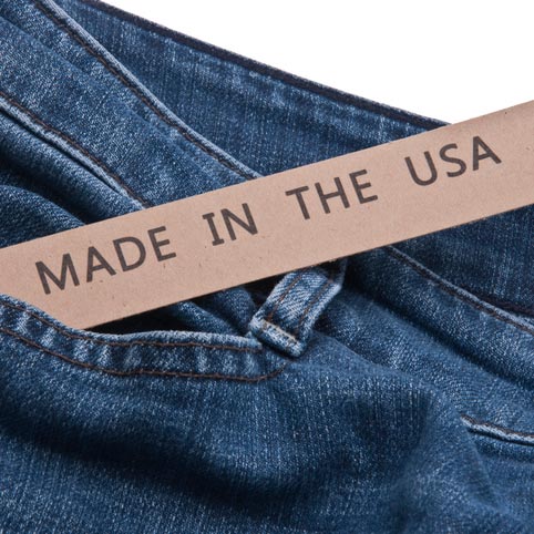 Photo of jeans with a Made in America sign on them.